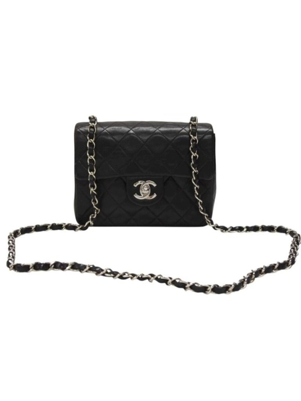 Chanel Mini Quilted 17 Shoulder Bag CC Logo Lambskin Black Silver